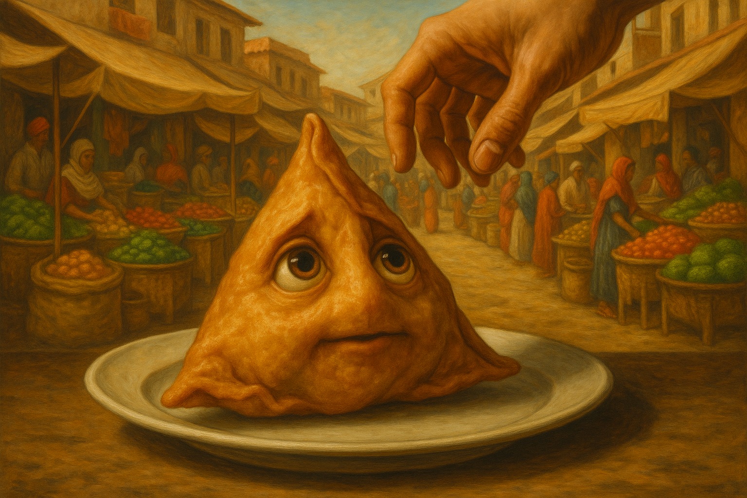 Samosas with tropical beach market scene